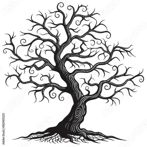 A stark black silhouette of an ancient gnarled tree with twisted branches and exposed roots against a clean white background evoking a sense of mystery and natural artistry