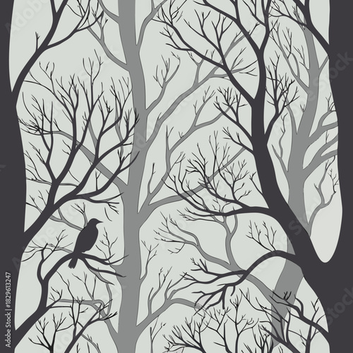 A solitary crow perches on a bare tree branch amidst a dense forest of silhouetted trees in a monochrome minimalist illustration