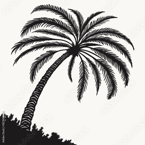 A striking black silhouette of a tropical palm tree with its fronds spread wide curving gracefully against a clean white background evoking a sense of summer
