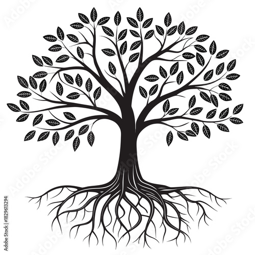 A striking black silhouette of a mature tree with a dense canopy of leaves and an extensive intricate root system spreading outwards against a clean white background