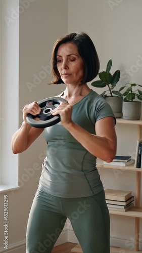 Determined middle-aged woman in sportswear doing weighted squats with a barbell plate. Fitness in maturity for physical and hormonal well-being