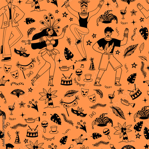 Carnival Dancers Celebration Seamless Pattern. Happy people in Masquerade Costumes with Feathers, Masks, festive elements on Orange Background. Hand-Drawn Doodle. Vector Illustration. Not AI