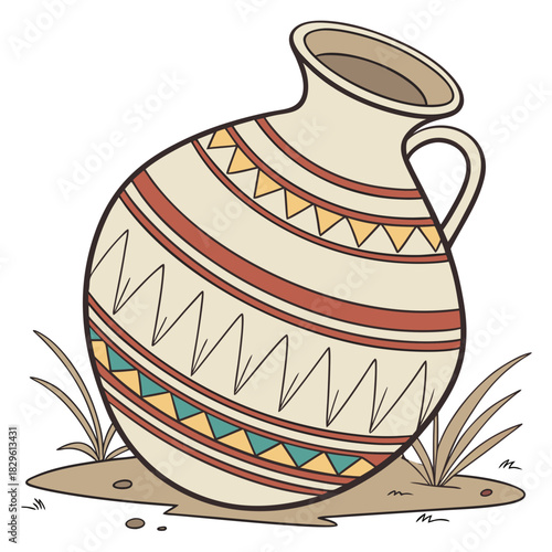 A decorative ancient looking ceramic jug with tribal patterns and a handle resting on dry earth with sparse grass and pebbles