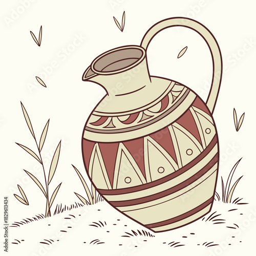 A charming hand drawn illustration of an ancient clay amphora with geometric patterns sitting in a field of grass with scattered leaves