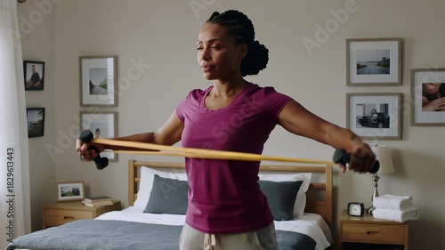 Fit mature woman training with a resistance band in her bedroom. Health and wellness concept for senior people maintaining an active lifestyle