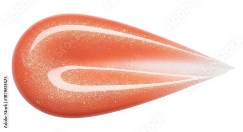 Isolated on white background, close up of coral lip gloss sample with glitter