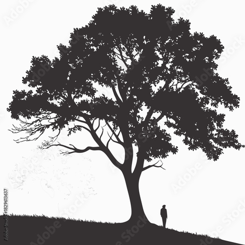 A solitary figure stands on a grassy hill beneath the expansive silhouette of a large leafy tree against a stark white background