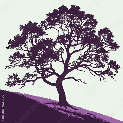 A striking silhouette of a mature sprawling tree with intricate branches and dense foliage stands tall on a gently sloping grassy hill against a pale minimalist background