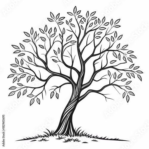 A stylized black and white illustration of a deciduous tree with a twisted trunk and detailed leaves standing in a patch of grass against a white background