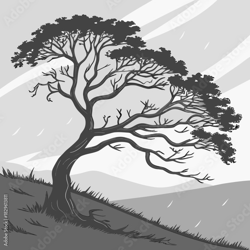 A solitary windswept tree with dark stylized foliage stands on a grassy slope against a backdrop of rolling hills and a stormy sky with falling rain