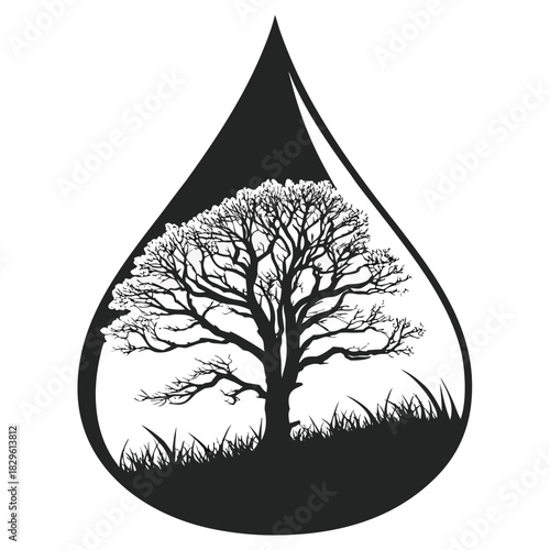 A stark black and white graphic illustration of a bare tree silhouetted against a white background within a large black teardrop shape symbolizing nature and water
