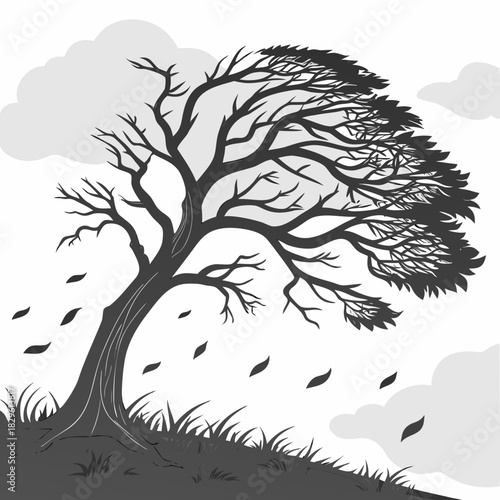 A solitary windswept tree with bare branches and falling leaves is depicted against a backdrop of stylized clouds and grass in a monochrome illustration