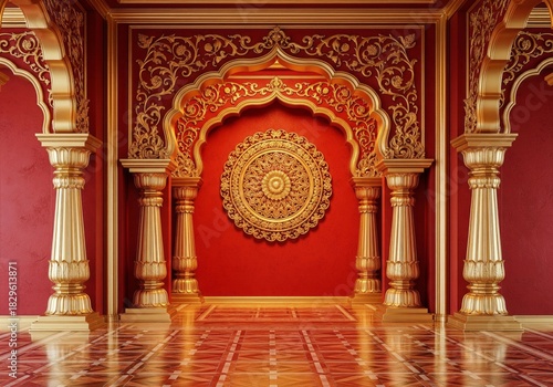 Ornate Indian Palace Interior with Golden Arches and Red Walls.