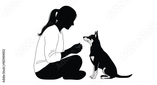 Silhouette of person training dog, sitting pose, black vector illustration, obedience gesture, human-animal bond, outdoor interaction