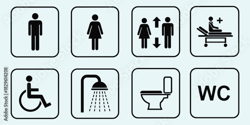 Restroom icons, hospital bed symbol, elevator sign, shower facility, WC label, accessibility graphics, public signage, flat vector illustration