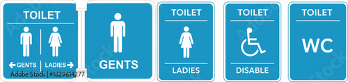 Restroom signage, toilet icons, male female labels, accessible facilities, WC signs, public washroom graphics, flat vector illustration