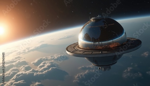 Fototapeta Naklejka Na Ścianę i Meble -  Futuristic space observatory orbits Earth above thick clouds, with bright sun on horizon. Scans for exoplanets, distant stars, monitors planet. Modern global space station represents future tech