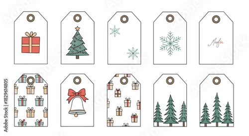 A delightful collection of hand-drawn Christmas gift tags featuring festive designs like presents, trees, snowflakes, and bells, perfect for holiday wrapping.