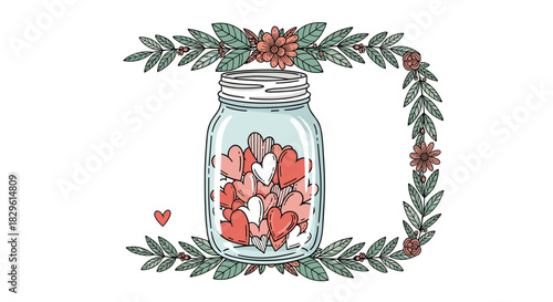 Sweet hand-drawn illustration of a glass jar filled with red and white hearts, framed by a decorative wreath of green leaves and coral flowers.