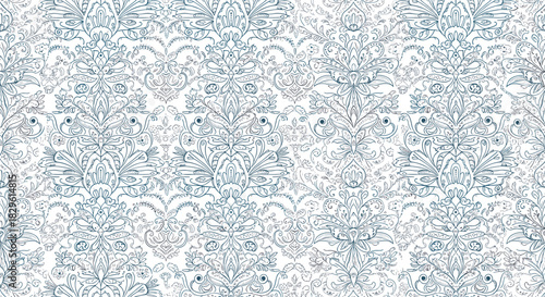Ornate vintage blue damask floral scrollwork seamless pattern with textured lines on a white background, suitable for textiles or wallpaper.