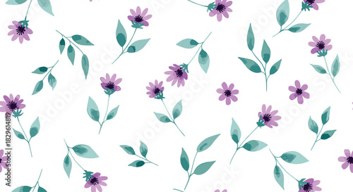 A delicate watercolor seamless pattern featuring soft purple flowers and teal leaves scattered over a clean white background, perfect for spring designs.