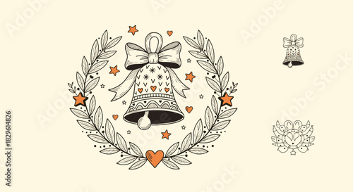 Hand-drawn festive bell with a decorative bow, adorned with stars and hearts, elegantly framed within a leafy Christmas wreath.
