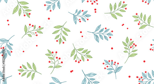 Hand-drawn seamless pattern featuring whimsical green and blue leafy branches with red berries and scattered dots on a white background.