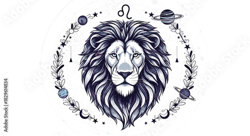 Majestic Leo zodiac symbol featuring a powerful lion's head illustration, framed by a celestial wreath of planets, stars, and botanical elements.