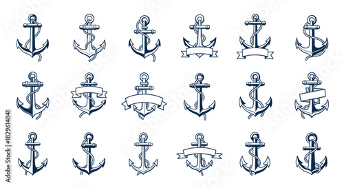 Collection of various navy blue anchor illustrations, some with ropes and decorative banners, in a seamless pattern on white.