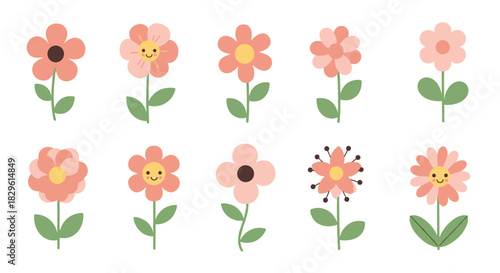 A collection of cute and simple cartoon flowers in various shades of pink and peach, with some featuring happy smiling faces, on a clean white background.