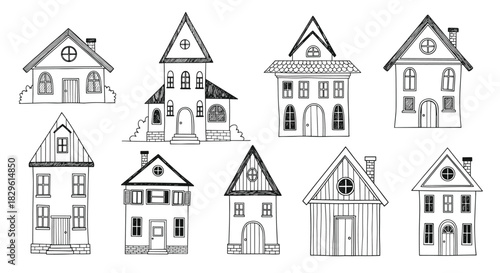A delightful collection of hand-drawn houses with diverse architectural styles, featuring charming details in a simple, whimsical sketch aesthetic.