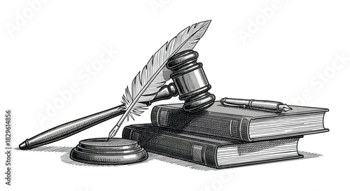 Engraved illustration of legal and writing instruments including a gavel, quill pen, inkwell, and law books, symbolizing justice and knowledge.