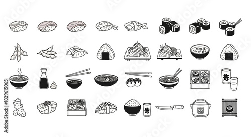 Monochrome vector illustration of various Japanese food items, including sushi, onigiri, and bento boxes.