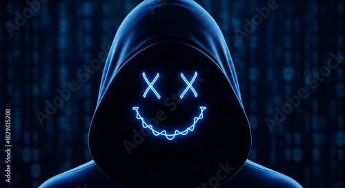 Anonymous hacker in hoodie glowing smiley face digital binary code background cyber security concept