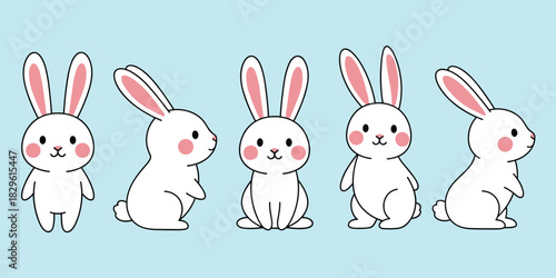 Cute white rabbits, cartoon bunny poses, animal character design, smiling rabbits, pet illustration set, flat vector illustration