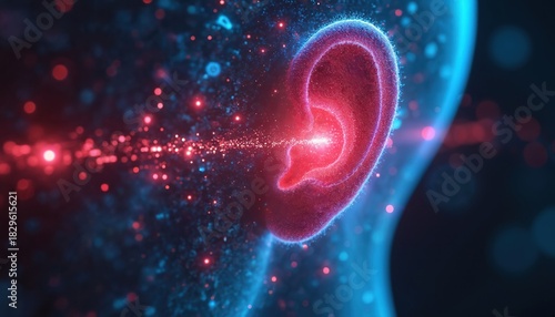 Abstract human ear glows with neon red and blue lights. Sound waves particles flow into the auditory canal representing reception of audio information. Futuristic tech concept for hearing and sound.