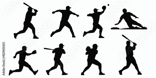 Baseball silhouettes, action poses, batting, pitching, catching, running, sliding, sports movement, athlete icons, flat vector illustration