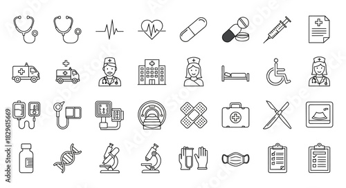 A collection of medical icons depicting various healthcare elements and equipment.