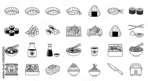 Collection of black and white line art illustrations of various Japanese food items, including sushi, onigiri, and noodle dishes.