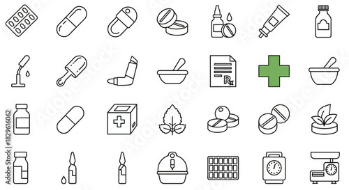 Collection of line art icons representing various pharmaceutical products and medical equipment.