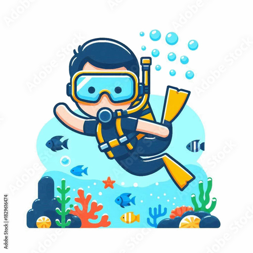 A cartoon diver with yellow flippers swims amid colorful coral and fish Bubbles rise above him