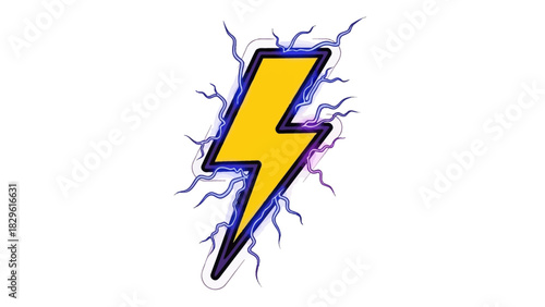 A vibrant yellow lightning bolt with a black outline, surrounded by dynamic blue and purple electrical sparks, on a clean white background.