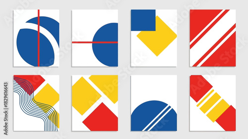 Set of eight abstract geometric designs with primary colors and minimalist shapes.