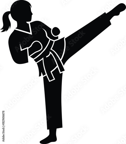 Woman practicing karate kick martial arts self defense black silhouette eps