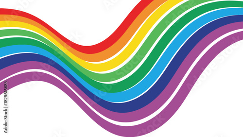 A vibrant, flowing rainbow wave pattern with multiple colorful stripes against a clean white background, creating a dynamic visual effect.