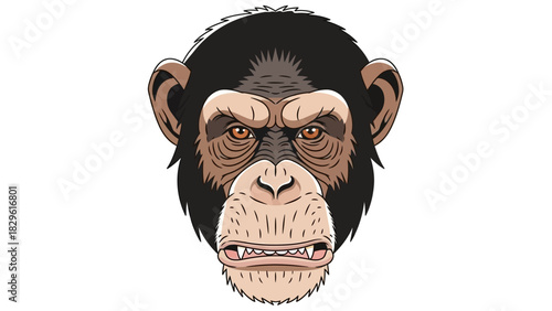 Detailed illustration of a chimpanzee's head, front view, with a serious expression.