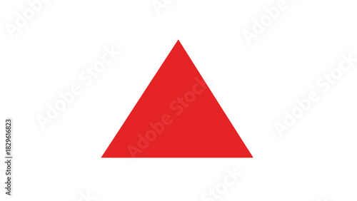 A simple, bold red equilateral triangle centered on a plain white background, representing a basic geometric shape.