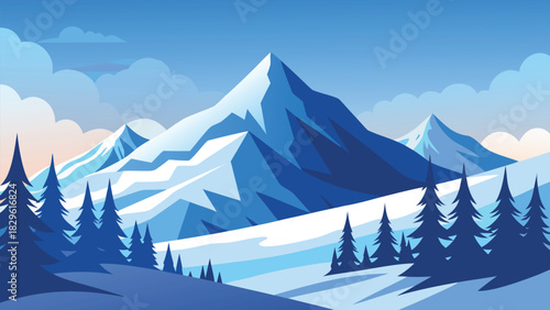 Christmas winter landscape background with snow falling and pine forest illustration