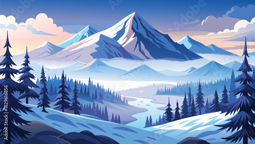 Christmas winter landscape background with snow falling and pine forest illustration