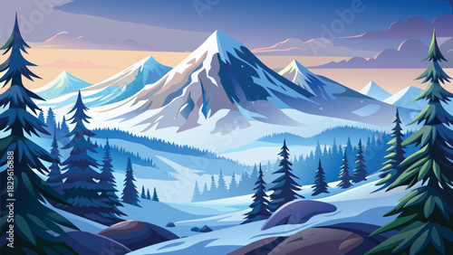Christmas winter landscape background with snow falling and pine forest illustration